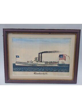 Vintage Framed Bunkerhill Ship Print 15" X 11" By Frederick Huge 1883